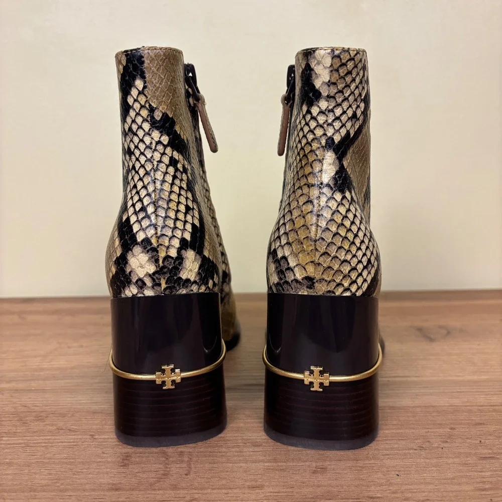 TORY BURCH Snakeskin-Embossed Leather Ankle Boots Sand Drift Women Size 5.5 Heel